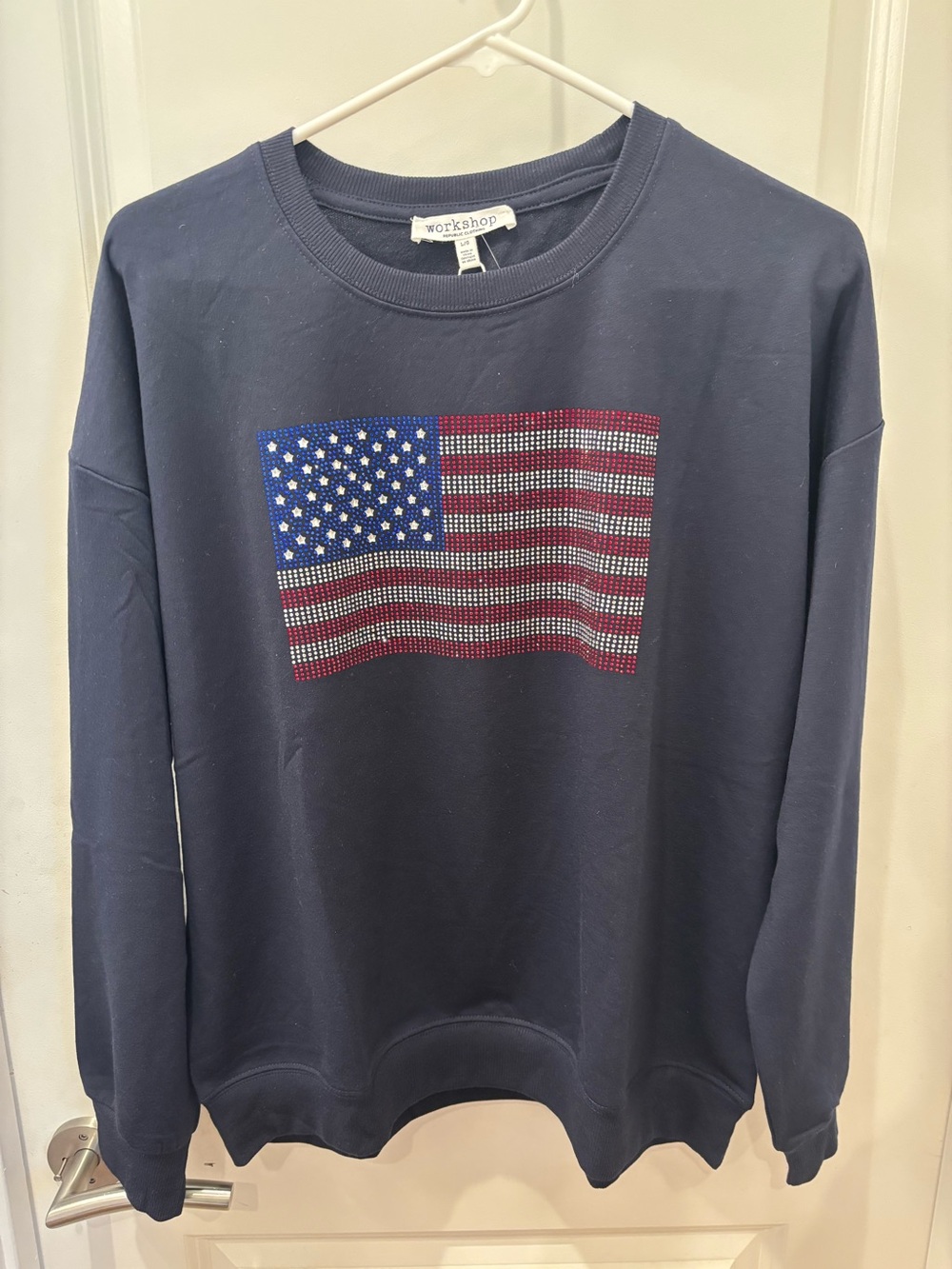 NWT Workshop Lightweight Navy Sweatshirt with Rhinestone American Flag- M